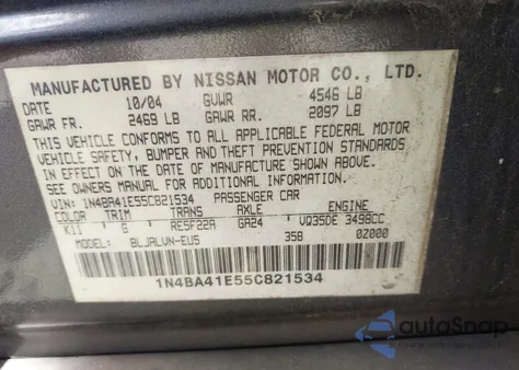 2005 Nissan Maxima 3.5 Sl z USA, uszkodzony, nr VIN 1N4BA41E55C821534